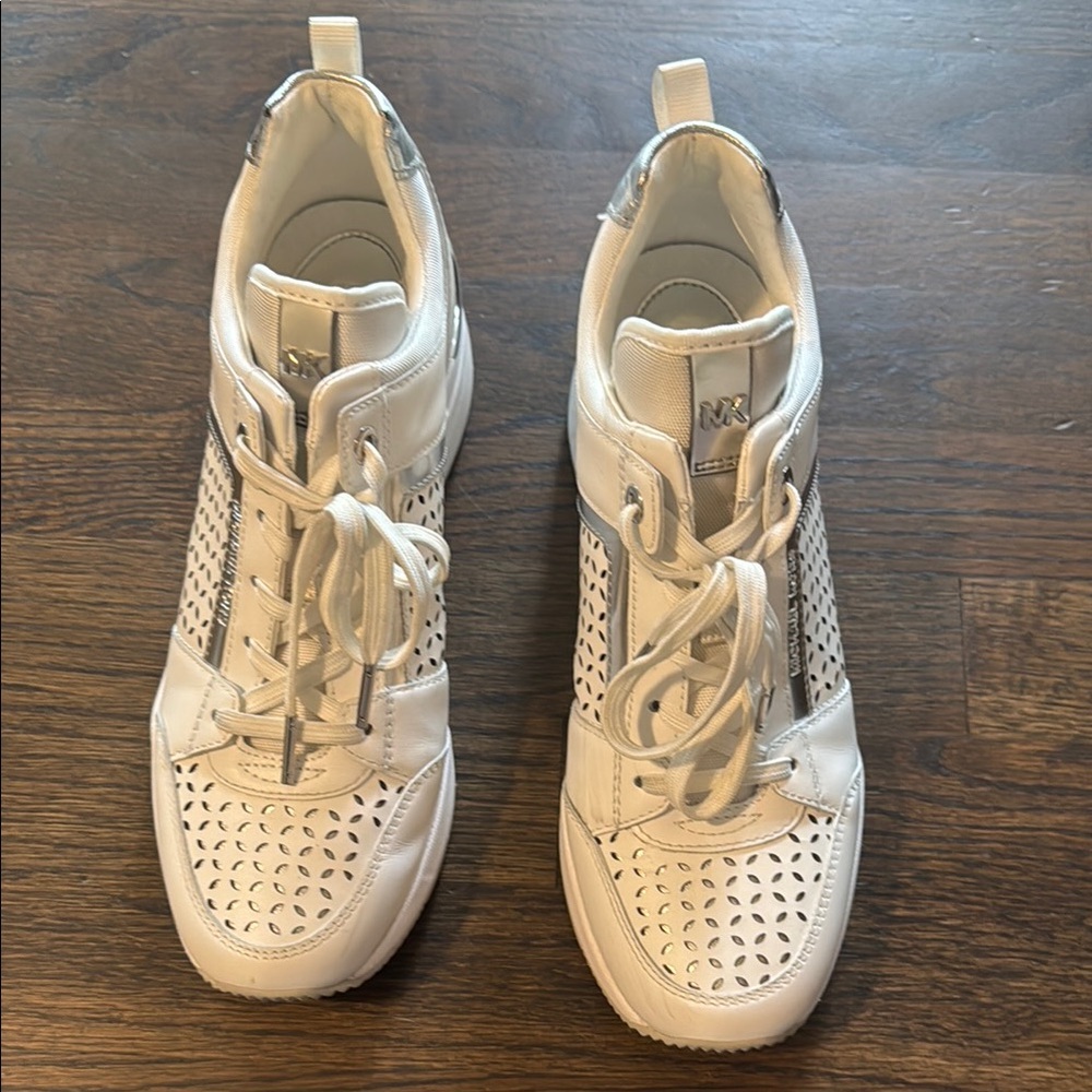 Michael Kors White Perforated Wedge Sneakers
